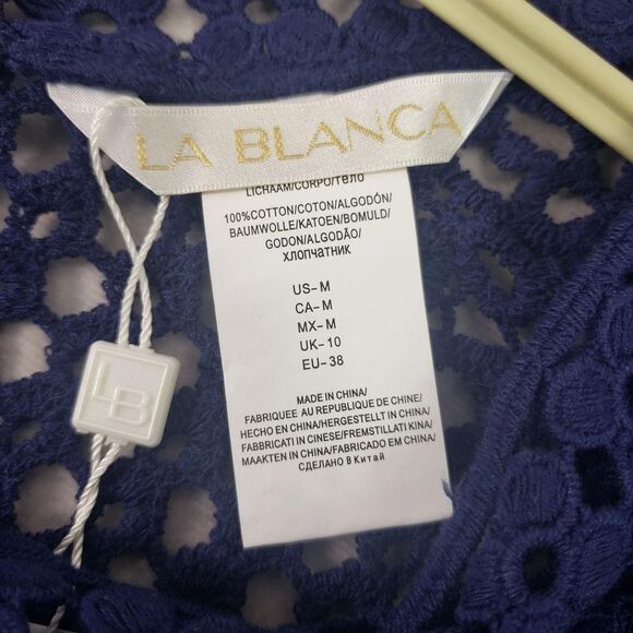 La Blanca Crochet Swim Cover Up Womens Medium Indigo Tunic Dress V Neck LB3ZW57 - Picture 9 of 12